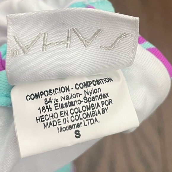 Saha Bikini Swim Set / Bandeau Halter, Ruched Hipster - Turquoise & Purple Print - Picture 15 of 15